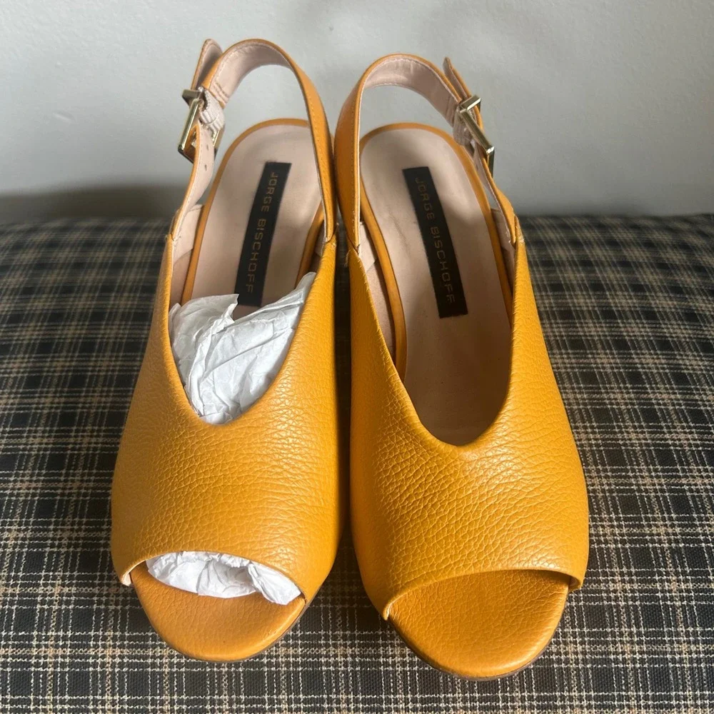 Jorge Bischoff Pebbled Leather Slingback Block Heel Sandal Size 4 Mustard Yellow